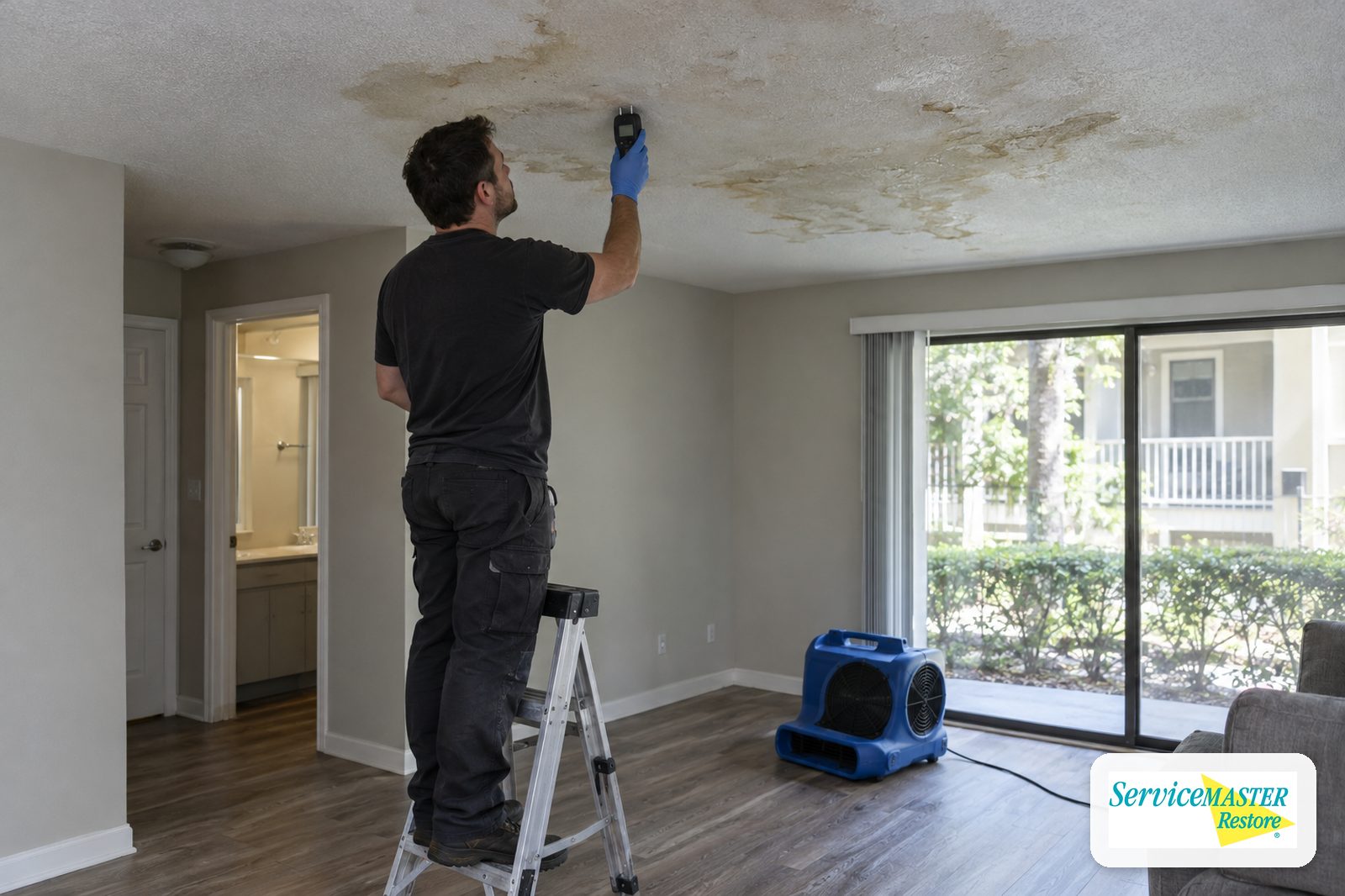 Technician on a step ladder testing a water-stained condo ceiling with a moisture meter