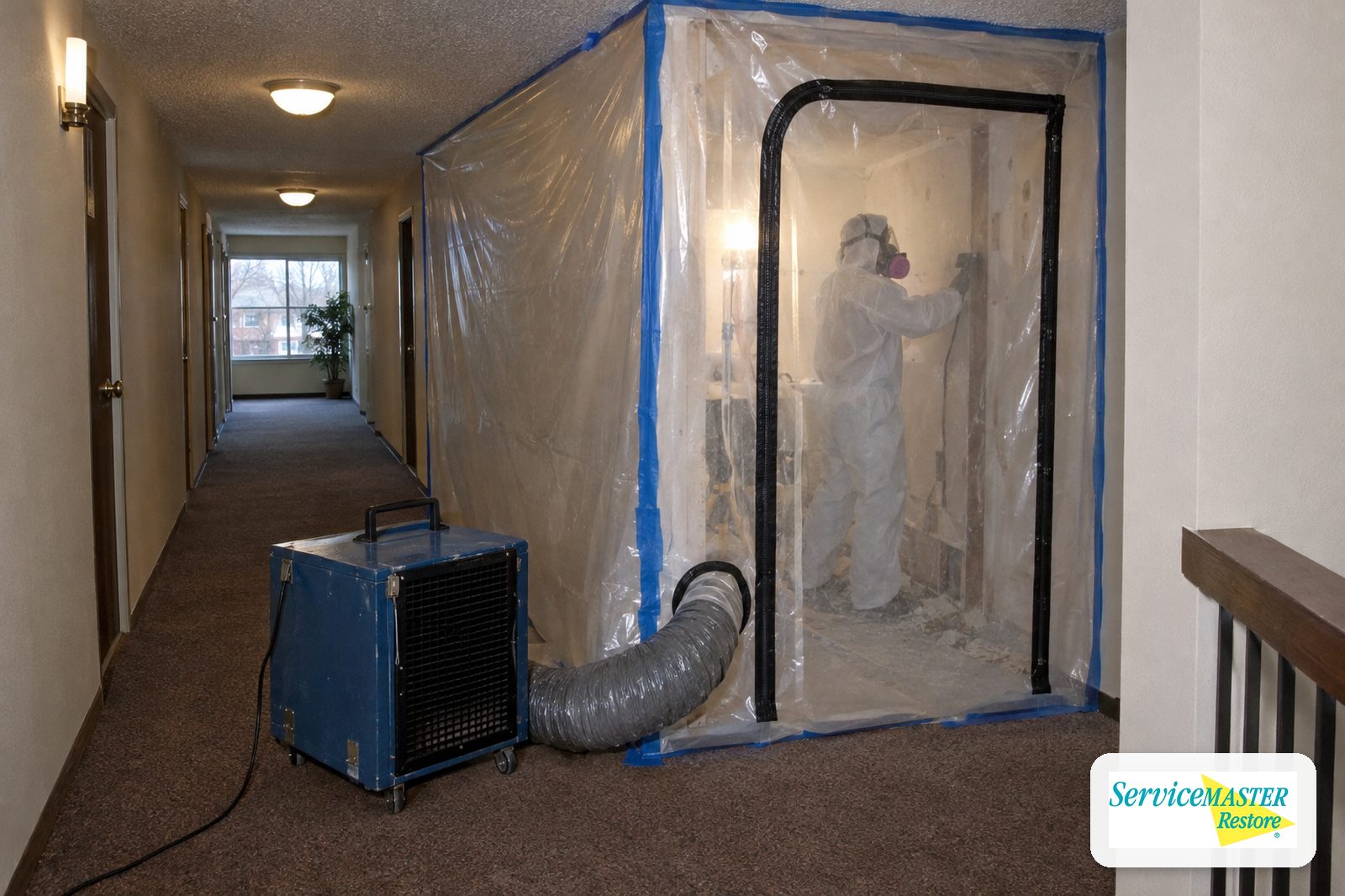 Plastic containment with a zipper door and HEPA air scrubber set up in a condo building hallway