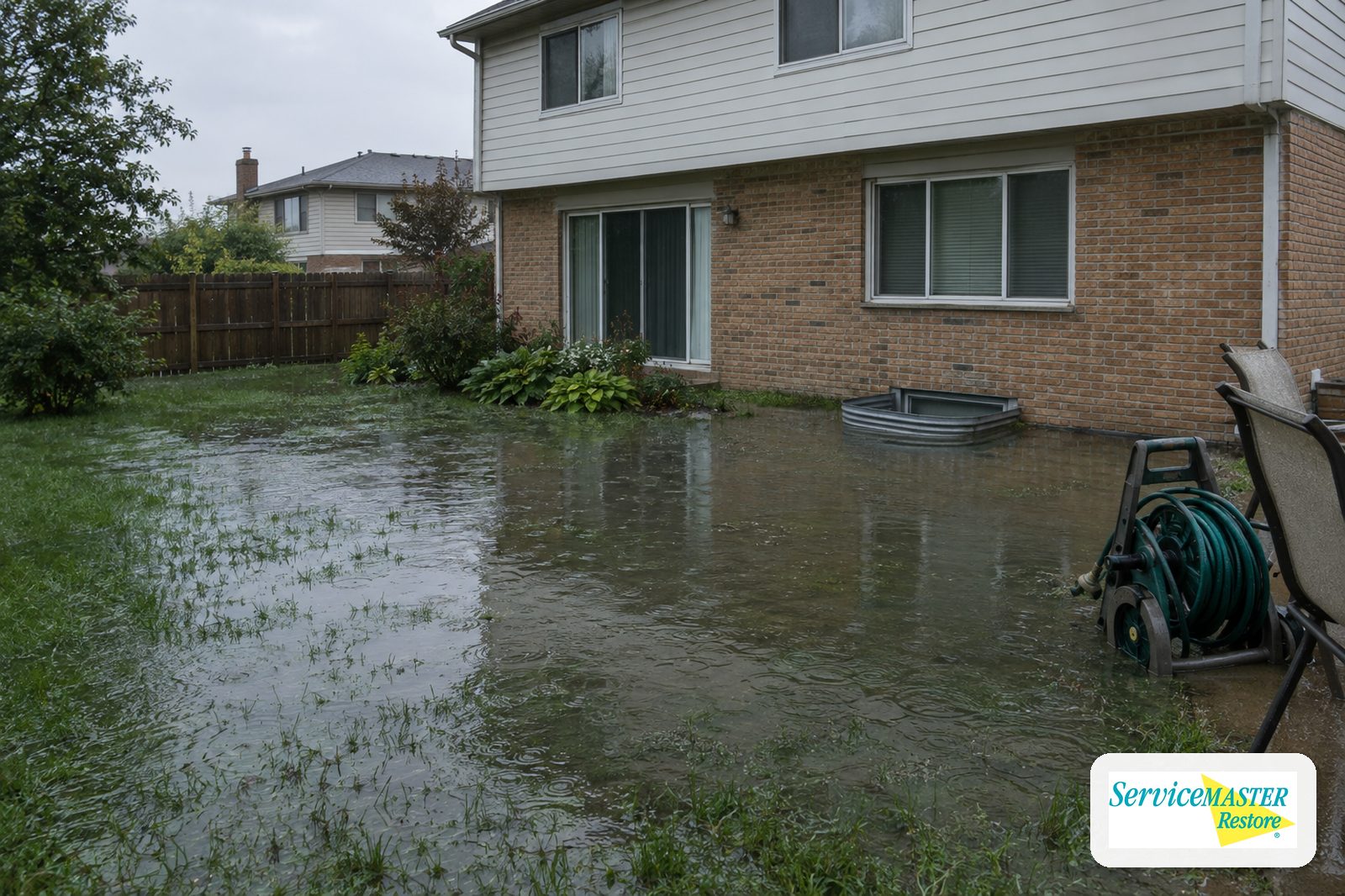 Standing rainwater in a suburban backyard reaching a basement window well