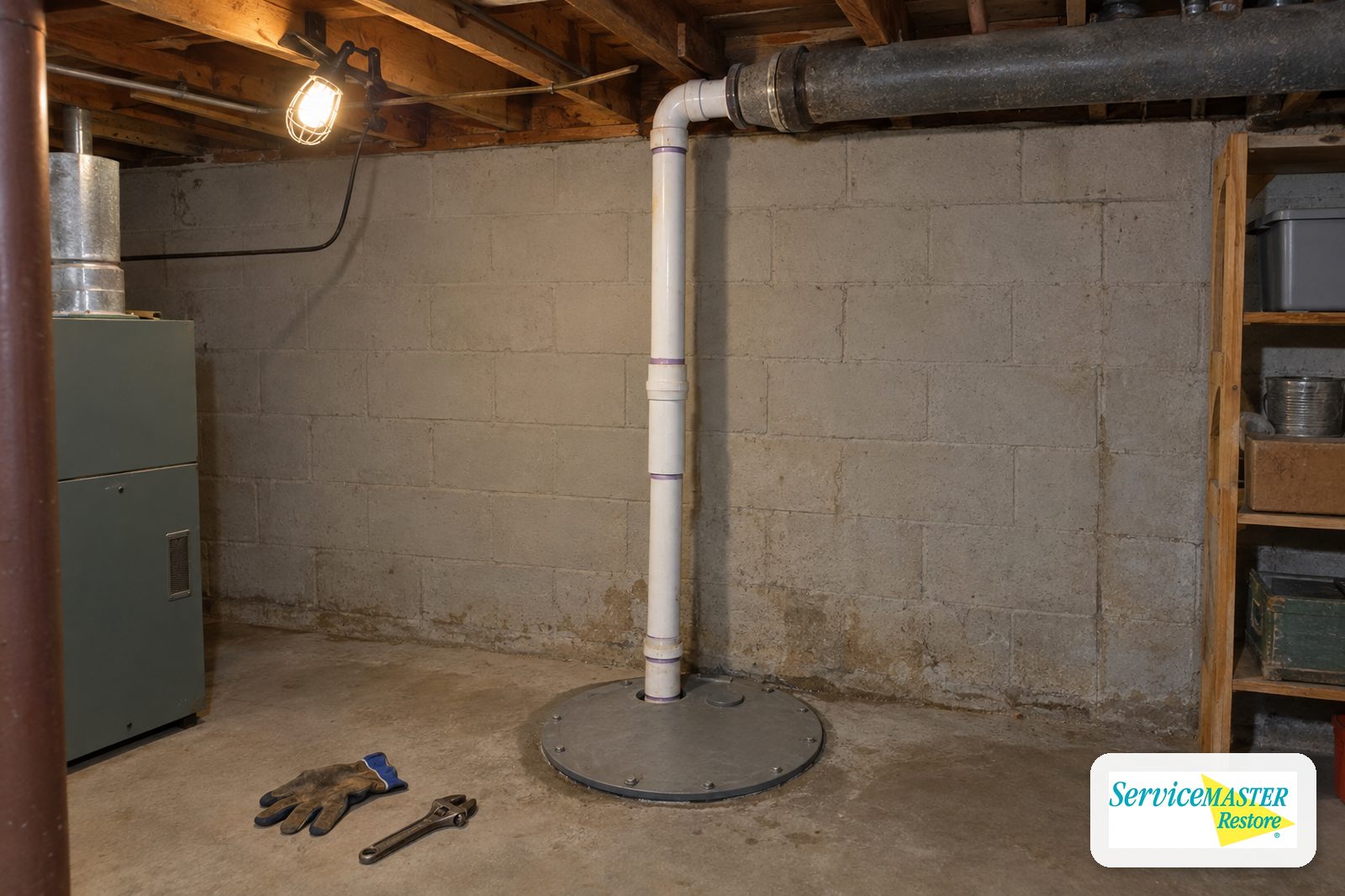 Sealed ejector pit and PVC pipe rising to an overhead sewer line in a basement