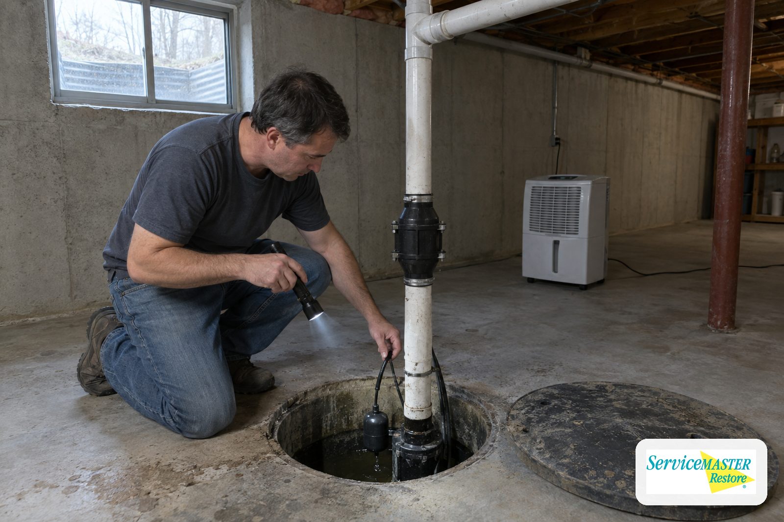 Technician checking a sump pump float switch with a flashlight in a finished basement