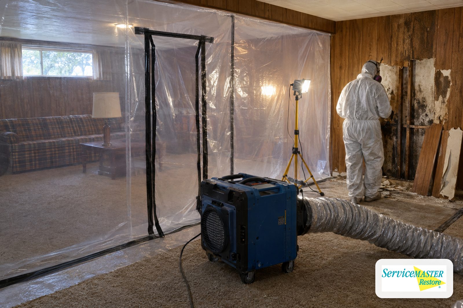 Plastic containment and a HEPA air scrubber set up in a lower-level family room before demolition