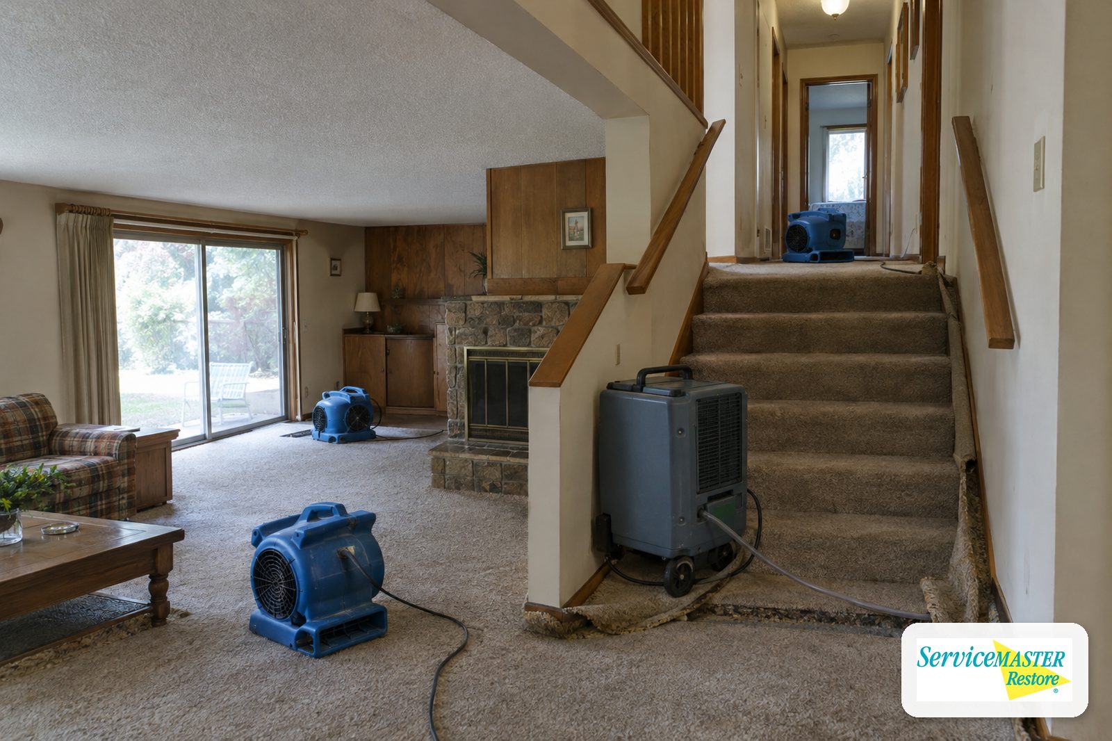Air movers running on two levels of a split-level home with damp carpet lifted